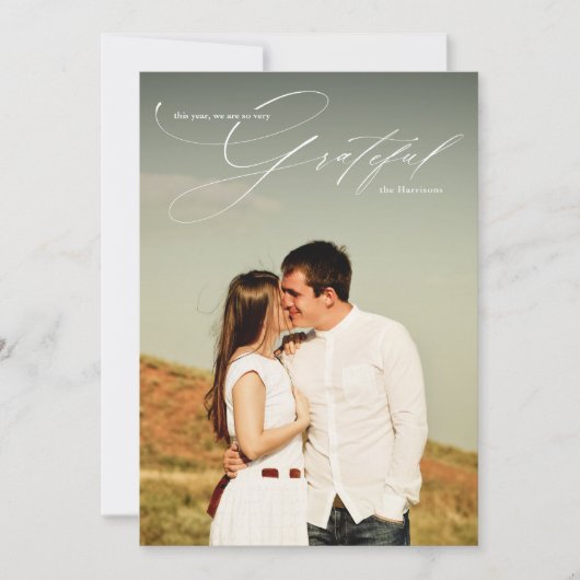 Grateful White Script Calligraphy Full Photo Feestdagenkaart (Voorkant)