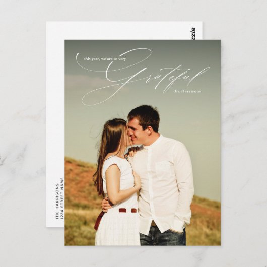 Grateful White Script Overlay Full Photo Holiday Briefkaart (Voorkant / Achterkant)