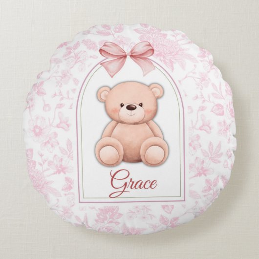 gratie | Aangepaste Roze Teddybeer Nursery Design Rond Kussen (Voorkant)