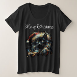 Gratieuze Langharige Zwarte Kat Kerstman Kersthoed Grote Maat T-shirt