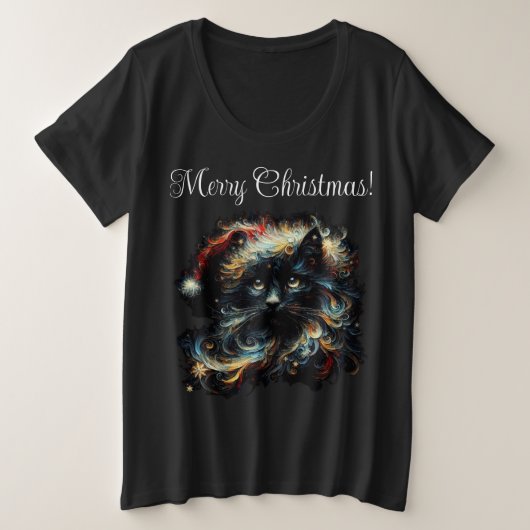 Gratieuze Langharige Zwarte Kat Kerstman Kersthoed Grote Maat T-shirt (Design voorkant)