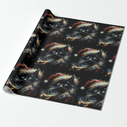 Gratieuze Zwarte Kat Kerstman Kersthoed Decoupage Cadeaupapier (Uitgerold)