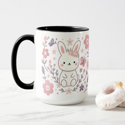 Gratige bloemkonijn keramische mok (Met donut)