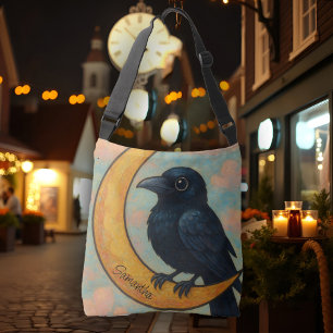 Gratige Raven Halve Maan Cute Rustieke Folkloristi Crossbody Tas