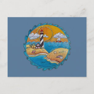 Gratiljoord vuurtoren strand scene kust volks kuns briefkaart