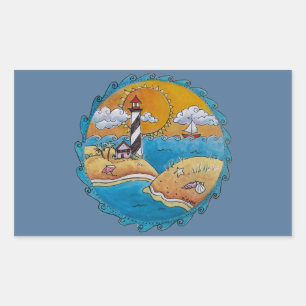 Gratiljoord vuurtoren strand scene kust volks kuns rechthoekige sticker