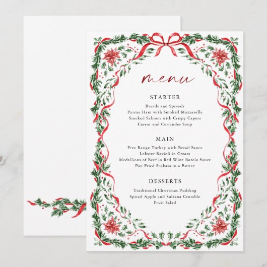 Gratis afdrukbare Kerstmenu kaart met rode strik (Voorkant / Achterkant)