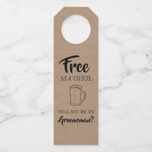 Gratis Alcohol - Funny Groomsmen Voorstel Flessenhanger (Voorkant)