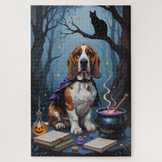 Gratis Basset Hound Schilderij Whimsical Halloween Legpuzzel (Verticaal)