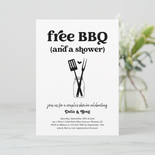 Gratis BBQ Funny Couple's Douche Uitnodiging (Staand voorkant)