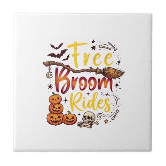 Gratis Bezem Ritten Halloween Pompoenen Schedel Vl Tegeltje (Voorkant)