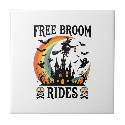 Gratis Bezemritten Halloween Heks Geheime Kasteel Tegeltje (Voorkant)