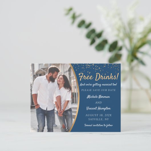 Gratis blauwe goudfoto's Casual Opslaan datum Briefkaart (Staand voorkant)