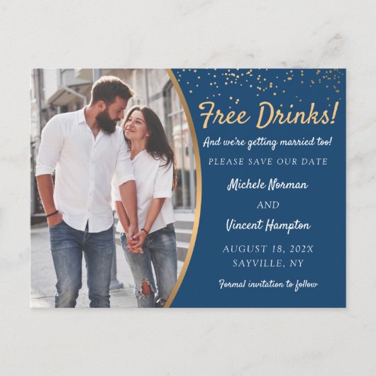 Gratis blauwe goudfoto's Casual Opslaan datum Briefkaart (Voorkant)