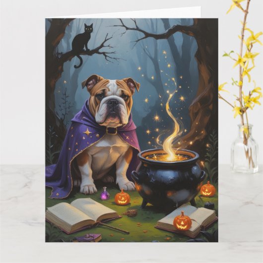 Gratis Bulldog Whimsical Halloween Schilderij Kaart (Gele Bloem)
