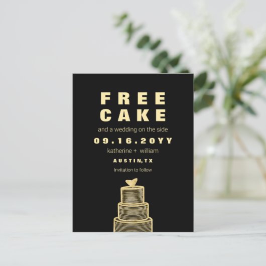 Gratis Cake Funny and Witty Wedding Save the Date Aankondigingskaart (Staand voorkant)