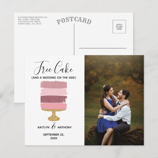 Gratis Cake Funny Modern Photo Wedding Save the Da Aankondigingskaart (Voorkant / Achterkant)