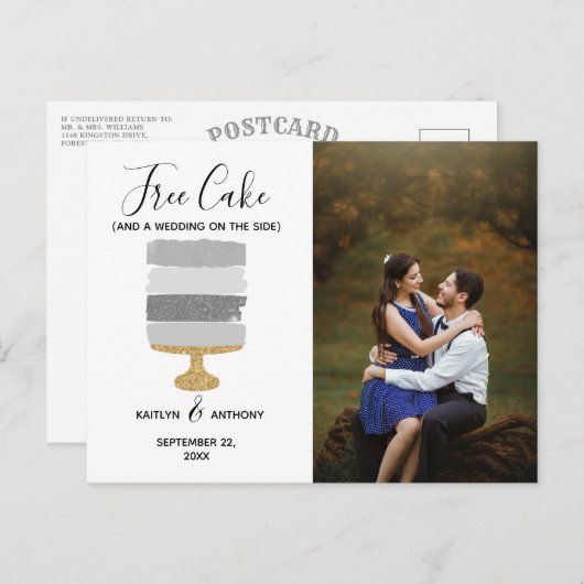 Gratis Cake Funny Modern Photo Wedding Save the Da Aankondigingskaart (Voorkant / Achterkant)