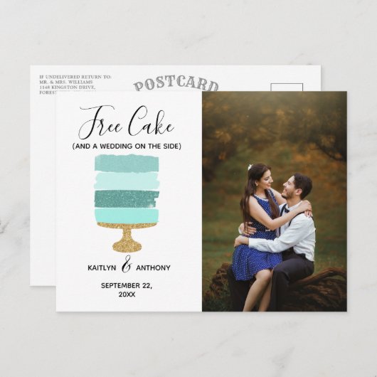 Gratis Cake Funny Modern Photo Wedding Save the Da Aankondigingskaart (Voorkant / Achterkant)