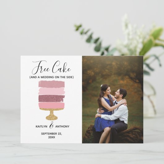 Gratis Cake Funny Modern Photo Wedding Save the Da Date (Staand voorkant)