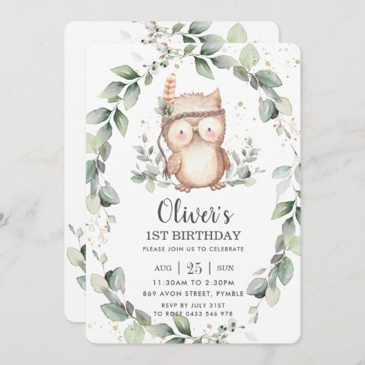 Gratis Cute Uil Rustieke Groene Bladrijke Verjaard Kaart (Voorkant / Achterkant)