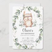 Gratis Cute Uil Rustieke Groene Bladrijke Verjaard Kaart (Voorkant)