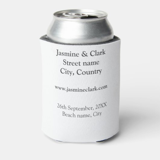 Gratis drankjes bewaar de datum strand bruiloft vo blikjeskoeler (Blikje Achterkant)