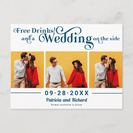 Gratis drankjes Casual bruiloft Save The Date 3 fo Briefkaart (Voorkant)