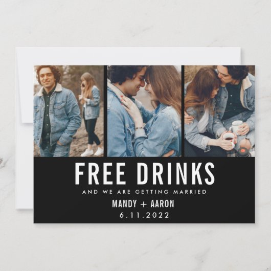 Gratis drankjes Drie foto Trouwen Bewaar de datum Save The Date (Voorkant)