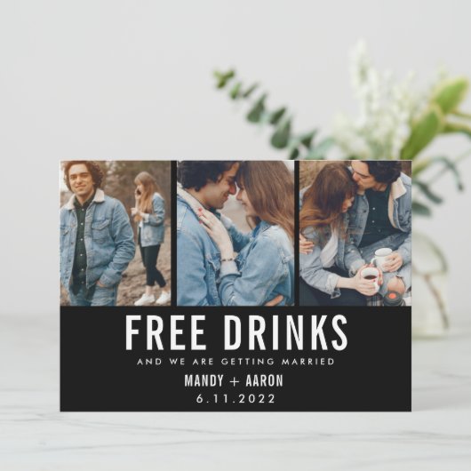Gratis drankjes Drie foto Trouwen Bewaar de datum Save The Date (Staand voorkant)