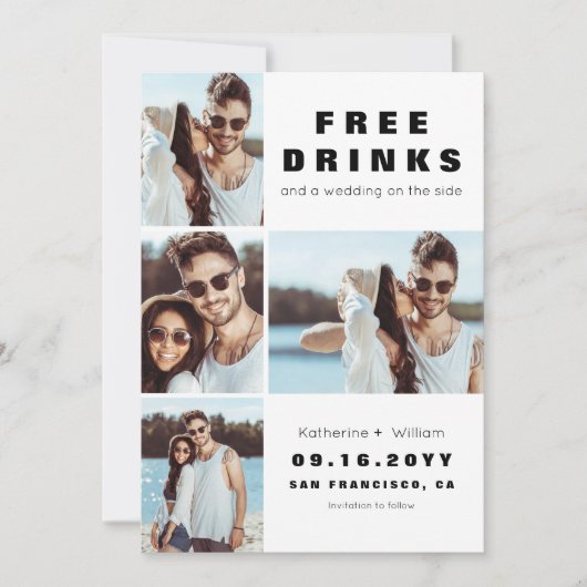 Gratis drankjes grap 4 foto bruiloft save the date (Voorkant)