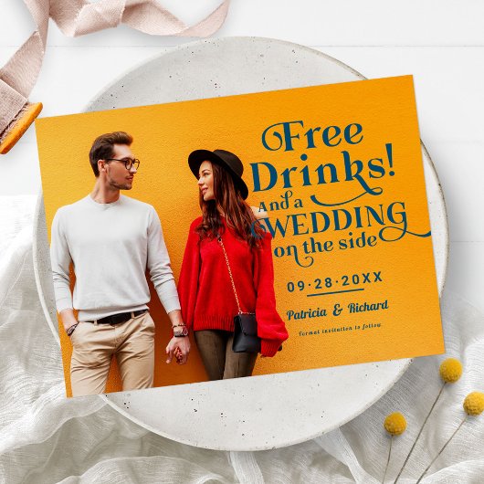 Gratis drankjes grappige informele bruiloft Save T Briefkaart