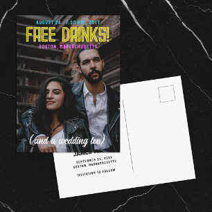 Gratis drankjes! Neon letters trouwkaart Save the  Aankondigingskaart