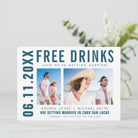 Gratis drankjes Twee foto's Strand bruiloft Save t Aankondiging (Staand voorkant)