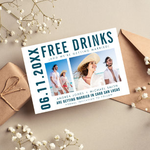 Gratis drankjes Twee foto's Strand bruiloft Save t Aankondiging