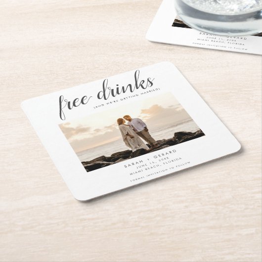 Gratis Drink Beach Wedding Photo Save the Date Kartonnen Onderzetters (Schuin)