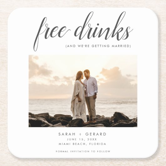 Gratis Drink Beach Wedding Photo Save the Date Kartonnen Onderzetters (Voorkant)