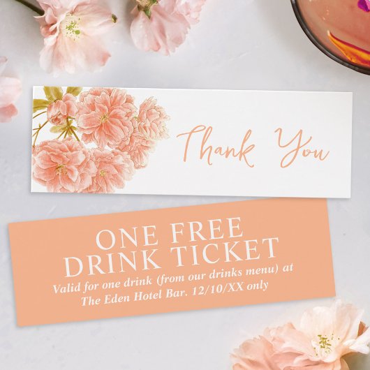 Gratis drink bruiloft voucher perzik bloesem mini visitekaartjes