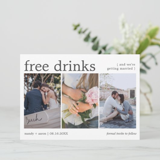Gratis Drinken 3 Fotobruiloft Bewaar de datum Save The Date (Staand voorkant)