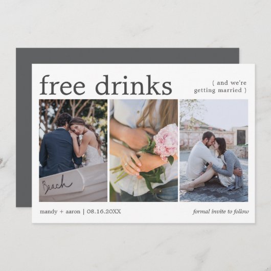 Gratis Drinken 3 Fotobruiloft Bewaar de datum Save The Date (Voorkant / Achterkant)