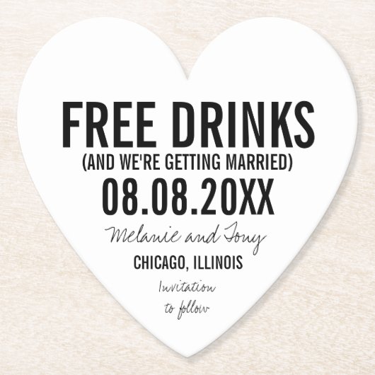 Gratis Drinken Bruiloft Unique Funny Save the Date Kartonnen Onderzetters (Voorkant)