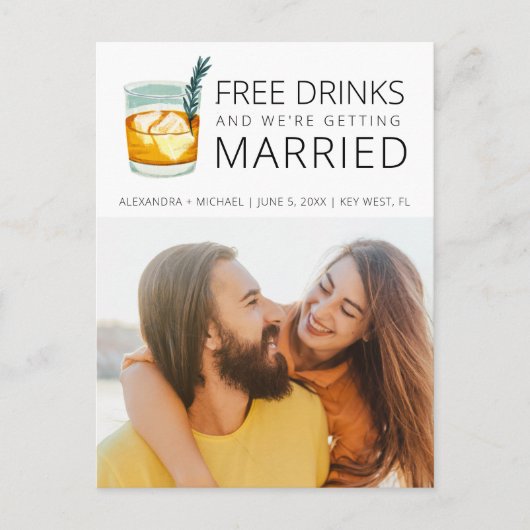 Gratis Drinken Budget Bruiloft Save the Date Aankondigingskaart (Voorkant)