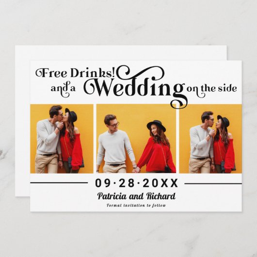 Gratis Drinken Casual bruiloft Bewaar de datum 3 F Kaart (Voorkant / Achterkant)