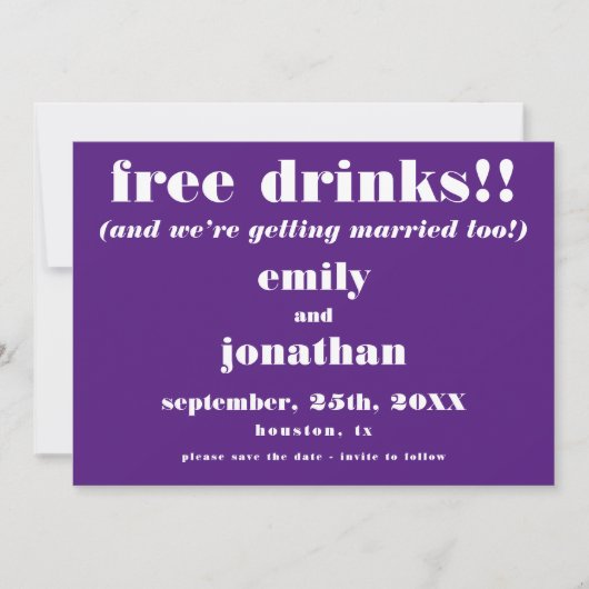 Gratis Drinken Casual Paars huwelijk sparen de dat Save The Date (Voorkant)