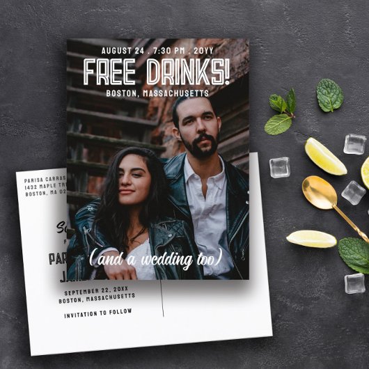 Gratis Drinken! Cool Modern Bruiloft Save the Date Aankondigingskaart