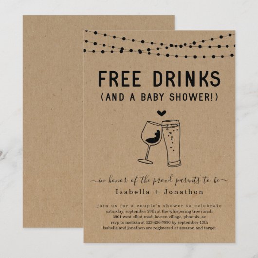 Gratis Drinken en een Baby shower paren Genderneut Kaart (Voorkant / Achterkant)