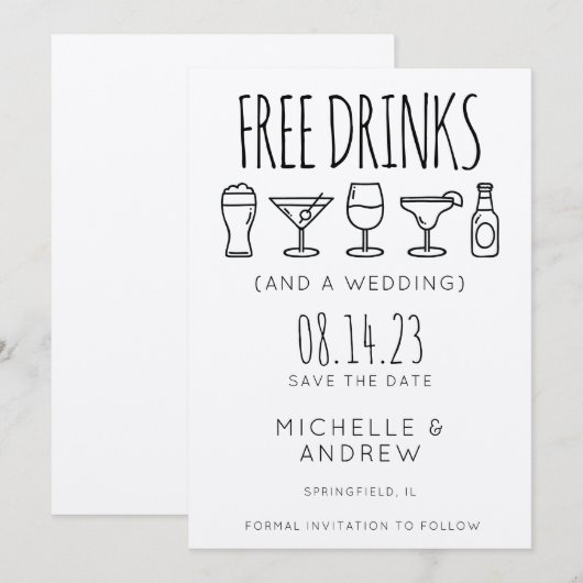 Gratis Drinken en een bruiloft bewaren de datum Kaart (Voorkant / Achterkant)