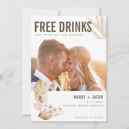 Gratis Drinken Foto Boho Wedding Save the Date (Voorkant)