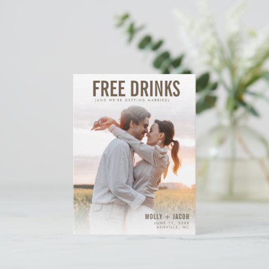 Gratis Drinken Foto bruiloft opslaan Datum Aankondigingskaart (Staand voorkant)
