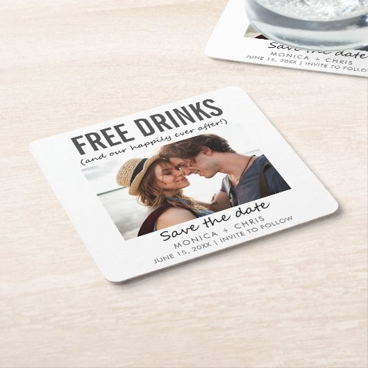 Gratis Drinken Foto bruiloft opslaan Datum Kartonnen Onderzetters (Schuin)